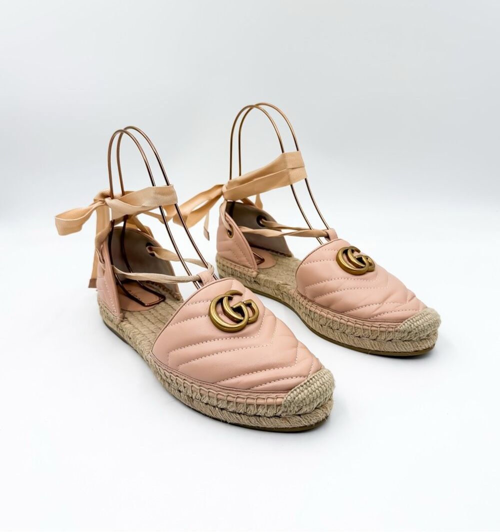 Gucci GG Marmont Quilted Leather Espadrille   Lace Up Ankle Tie Flats 39.5, 9.5
